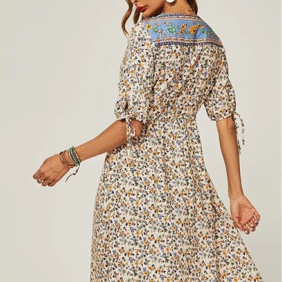 NEW! Boho Relaxed Blue Block Color Floral Printed Skater Knee Length  Dress - Picture 4 of 5